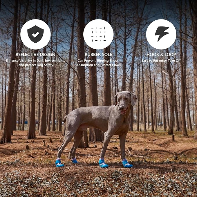 Dog Shoes Small Medium Large Size Dogs, Puppy Booties Paw Protector for Hot Pavement, Non-Slip Waterproof Rubber Reflective Strapped Boots (Blue, Size 4#: (2.6 * 2.2) (L*W) for 31-40lbs)