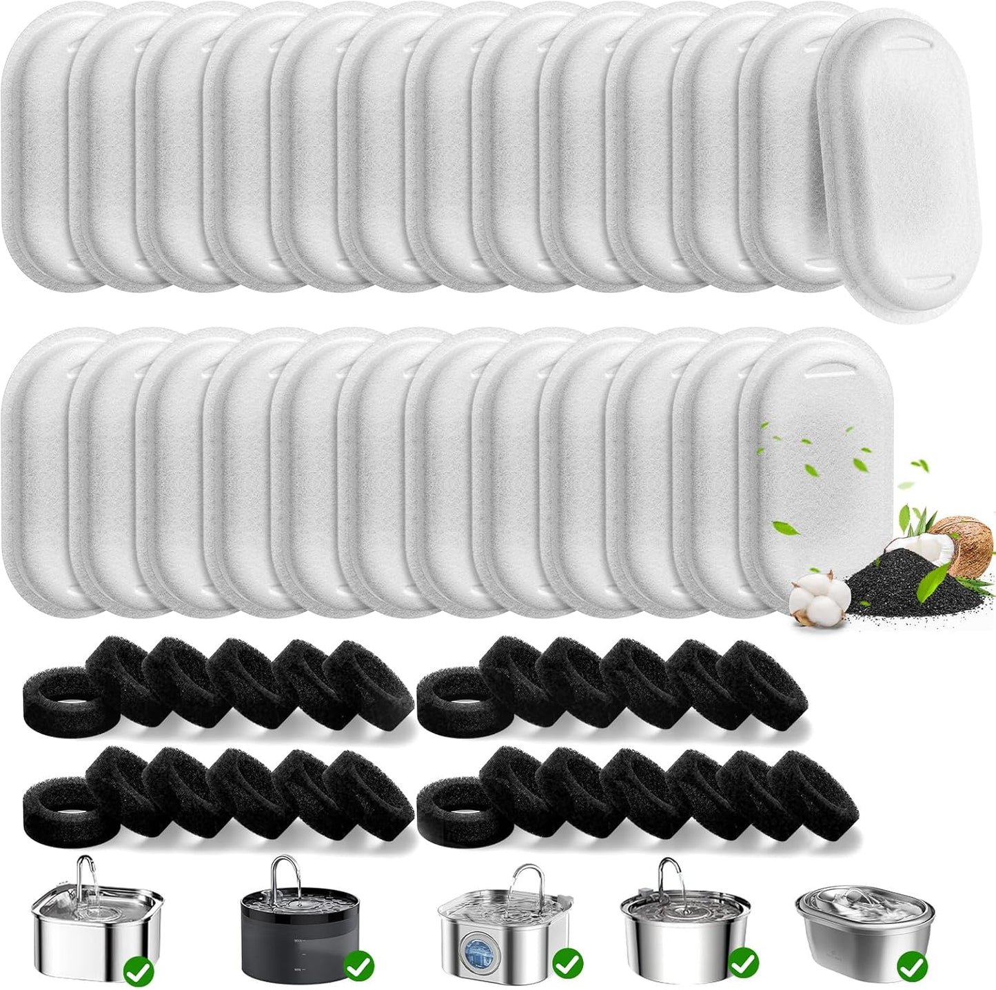 Cat Water Fountain Filter Replacement – 50 Pack (25 Filters + 25 Sponges) for 3.2L & 2L Stainless Steel Dispensers