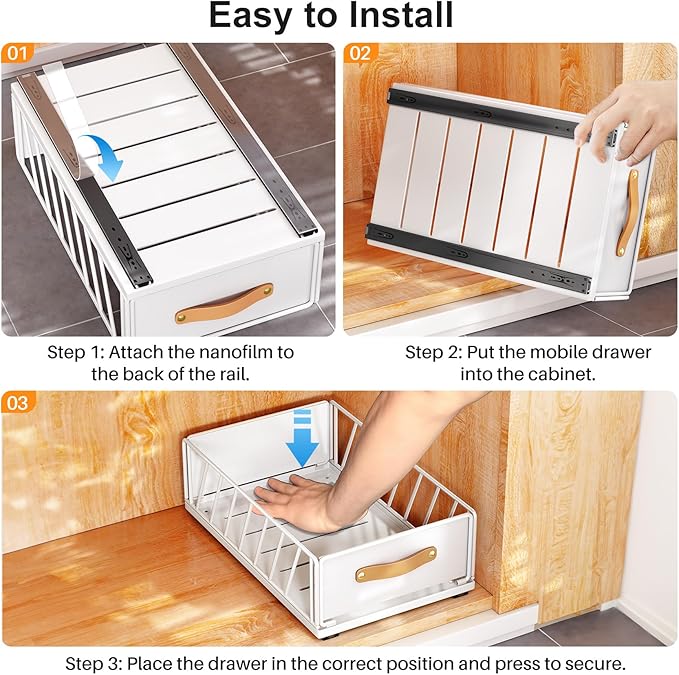 Pull out Cabinet Organizer Fixed with Adhesive Nano Film,Heavy Duty Slide out Pantry Shelves Drawer Storage,Sliding Mesh Cabinet Basket with Handle for Kitchen, Bathroom,Home, 9.8"W X 15.7"D X 6.2"H