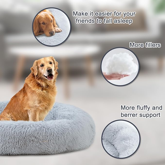 ELSKER&HOME Calming Dog Bed,Donut Washable Warming Soft Round 46 inches Dog Beds for Large Dogs,Anti-Anxiety Fluffy Plush Cushion Bed Fits up to 160 lbs Pets