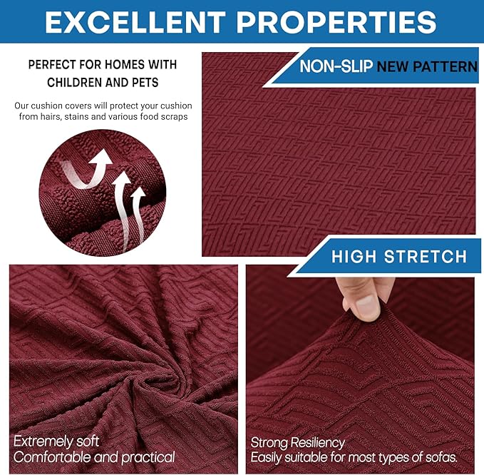 XINEAGE 2025 New 4 Pieces Couch Covers for 3 Cushion Couch Super Stretch Thick Soft Sofa Cover Anti Slip Sofa Slipcover Dogs Cats Furniture Protector (Wine Red, 71"-91")