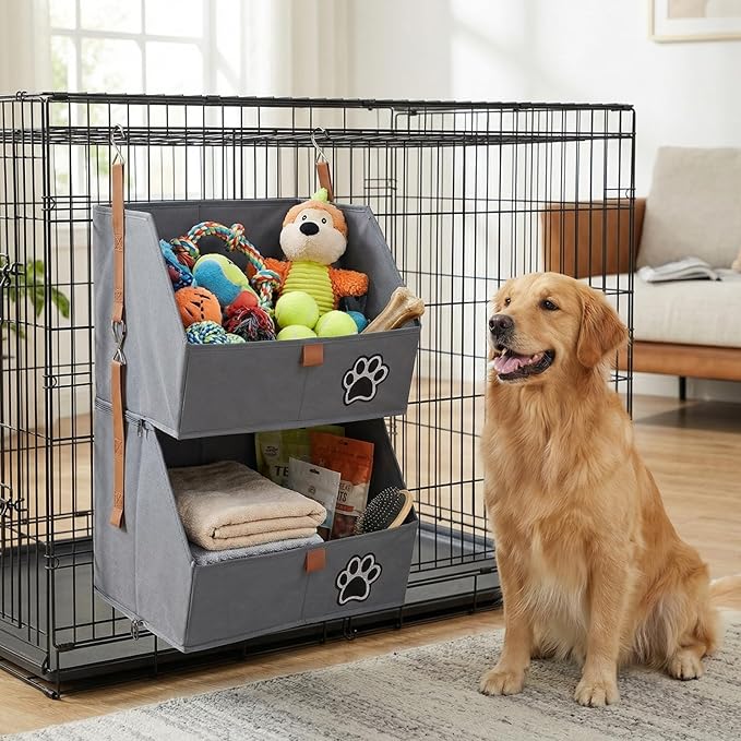 2-Tier Dog Shelves Storage Organizer, Dog Toy Basket, Hanging Closet Organizer for Pet, Fabric Storage Bins Dog Cabinet, Collapsible Baskets for Dog Toys,Colloar,Clothes,Blanket -Grey