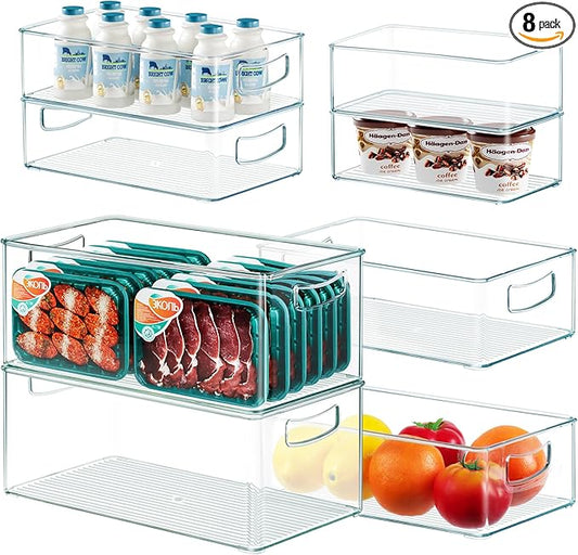 8 PACK Freezer Organizer Bins Fridge Organizer Storage Stackable Deep Freezer Storage Bins with Side Handles Refrigerator Organizers and Storage Home Organization Must Haves