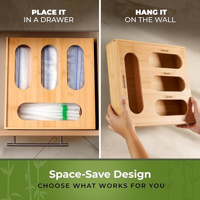 Bamboo Storage Bag Organizer, Sandwich Bag Organizer - Single block Design with Labels Included, Baggie Organizer for drawer, Quick Refill Slider, Compatible with Half Gallon, Quart, Snack size bags