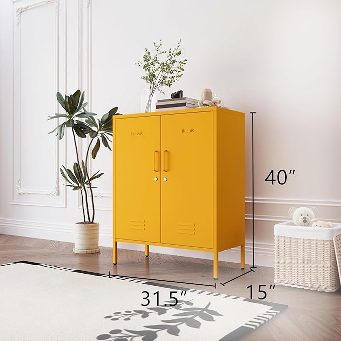 Yellow Heavy Duty Metal Storage Cabinet, Multifunctional Lockable Cabinet with 3 Adjustable Shelves, Secure Industrial Organizer for Home Office School, Easy Assembly, 40" H x 31.5" W x 15" D