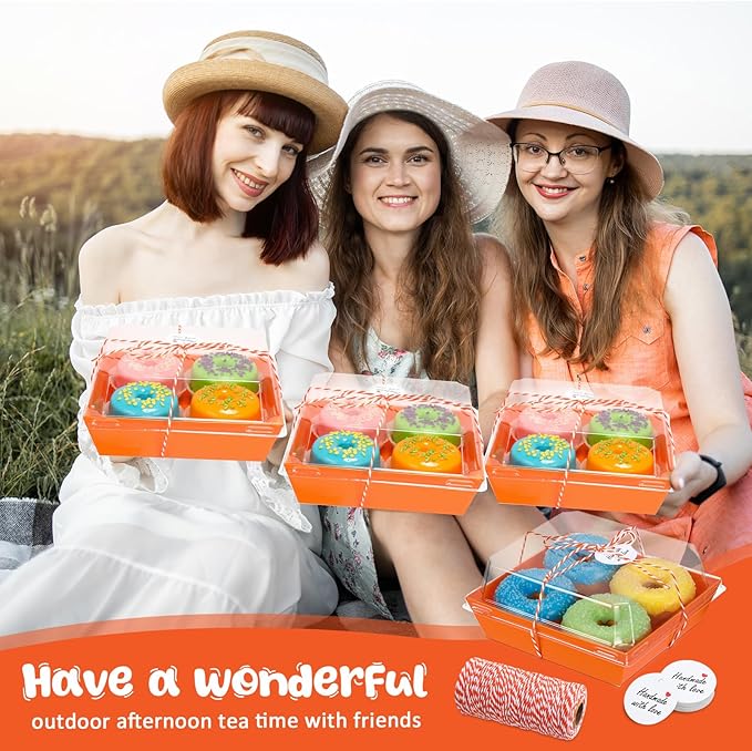 Outus 100 Pack Charcuterie Boxes with Clear Lids, 5.7 x 5.1 '', Mother 's Day Back to School Paper Food Containers Cake Take out Bakery Boxes with Gift Tags Rope for Desserts(Orange,Classic)