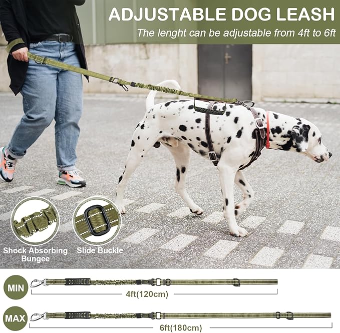 Tactical Dog Leash Heavy Duty, 4-6FT Shock Absorbing Bungee Dog Leash, Reflective Military Strong No Pull Dog Leash with 2 Padded Handle and Car Seatbelt for Medium Large Dogs, Army Green