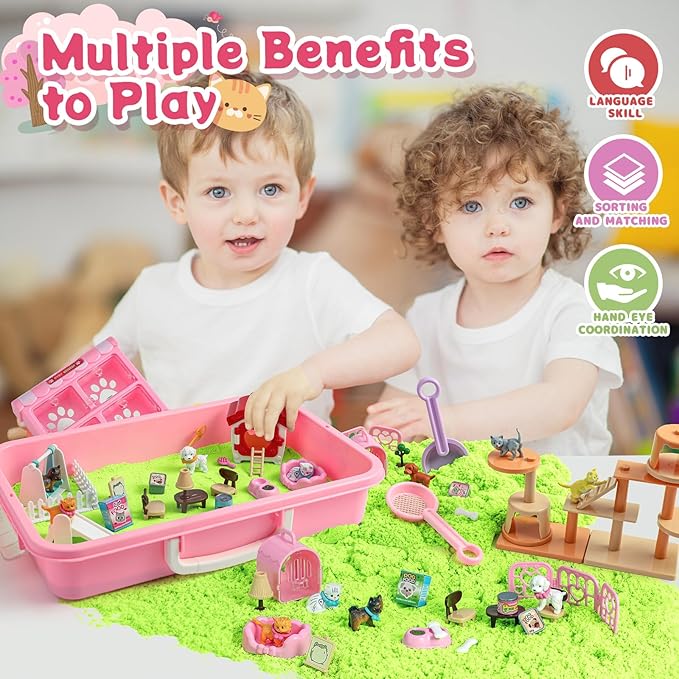 Cat and Dog Sensory Bin,Play Sand Kit for Girls and Boys with 2.2lbs Sensory Sand and Sand Box,Pet Sandbox Toys Role Pretend Play Beach Toy Birthday Present for Toddler Ages 3 4 5 6 7 8