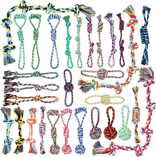 Hiboom 30 Pcs Rope Dog Toys for Aggressive Chewers Heavy Duty Dog Chew Toys for Medium Large Dog Cotton Dog Toys War Dog Toy for Teeth Cleaning