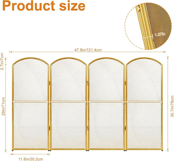 4-Panel Gold Fireplace Screen,47.8" W x 31" H,Foldable Fire Spark Guard with Wrought Metal Mesh,Modern Decorative Fire Place Gate for Living Room,Baby and Pet Proof,Home Decor,Easy Assembly