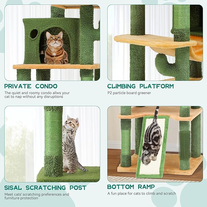 YITAHOME 76in Tall Cactus Cat Tree Tower with Self-Grooming Brush, Cute Cat Climbing Tower for Indoor Cats with Cat Condo, Plush Platform, Hammock, Sisal Scratching Posts, Dangling Ball