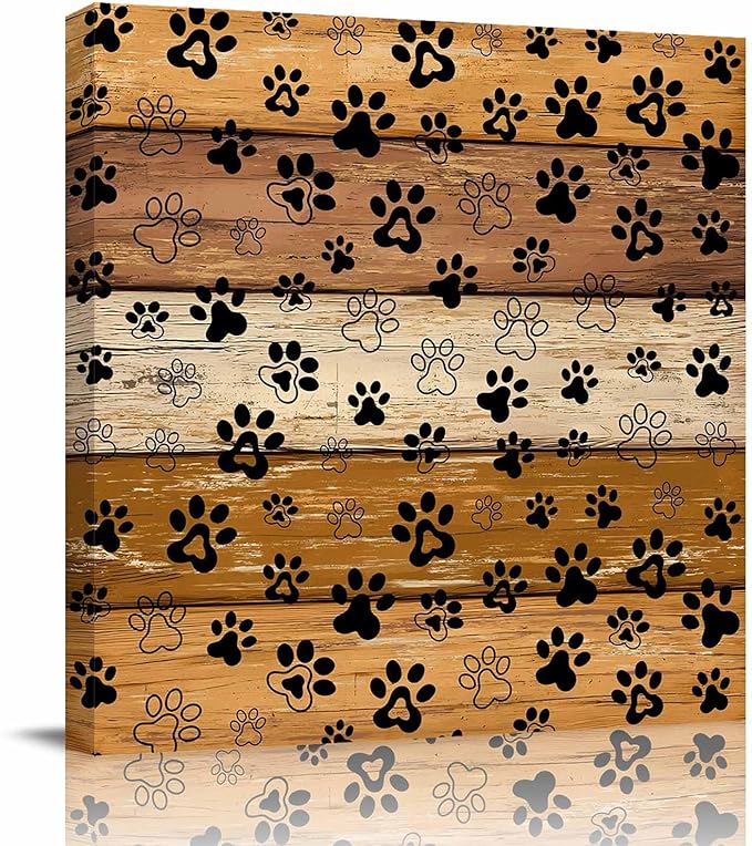 Framed Canvas Wall Art for Living Room Dog Paw Print Wall Decor, Retro Brown Yellow Wood Grain Aesthetic Paintings for Bedroom Office Kitchen Bathroom, Ready to Hang Artwork Wall Pictures 8x8 Inch