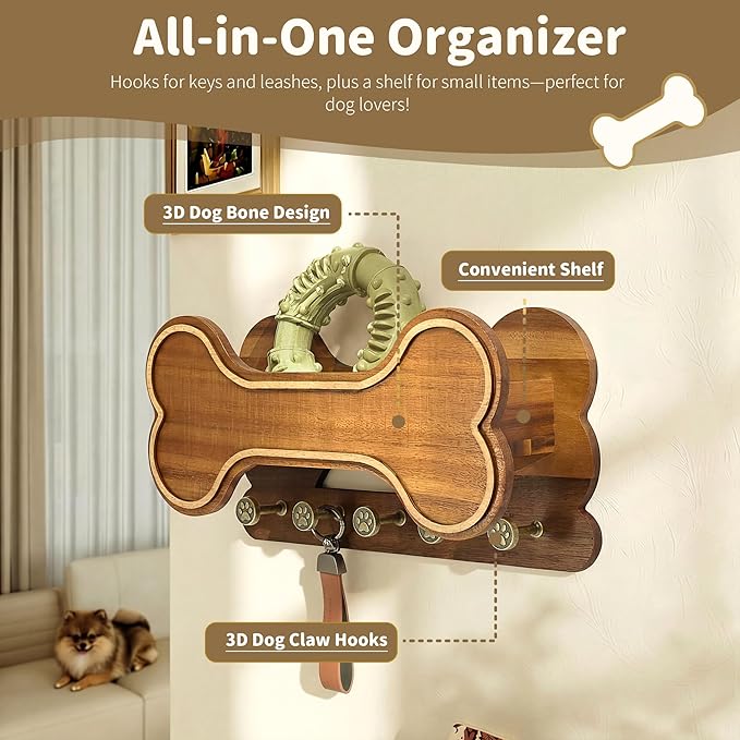 MTERSN Decorative Dog Leash Holder for Wall - Bone Key Holder Wall Mount with 5 3D Puppy Paw Hooks & Hanging Shelf for Dog Lover - Cute Stuff for Puppy Essentials (Acacia)