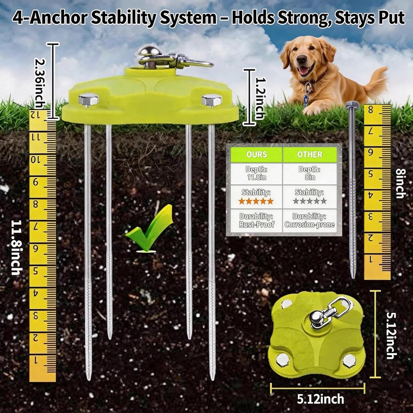 Heavy Duty Tie-Out Stake – 200LBS + 360° Tangle-Free Cables