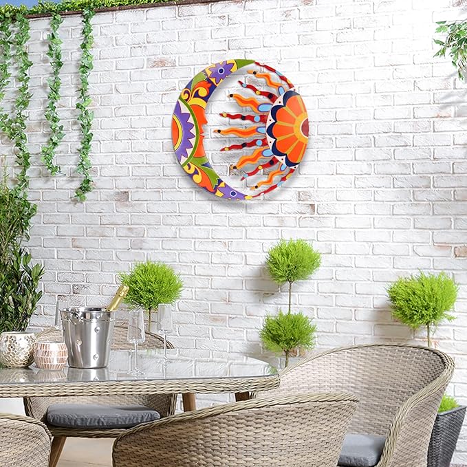 SUNNYPARK Metal Sun and Moon Wall Art Decor, 16" Colorful Handcrafted Mexican Talavera celestial Wall Sculptures Hanging for Indoor Outdoor Living Room, Garden, Patio