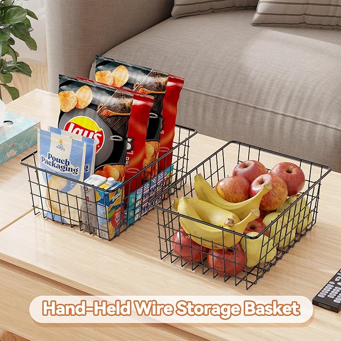 Extra Large Wire Baskets 6 Pack, Sturdy Metal Basket Storage Bin with Handle, Pantry Organization for Kitchen Cabinet, Black