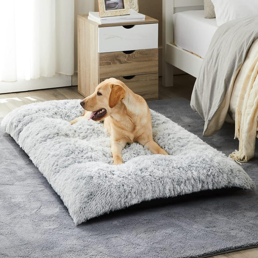 FetchMart Plush Dog Crate Bed for Large Dogs — Anti-Anxiety, Washable | Grey, 35"x23"