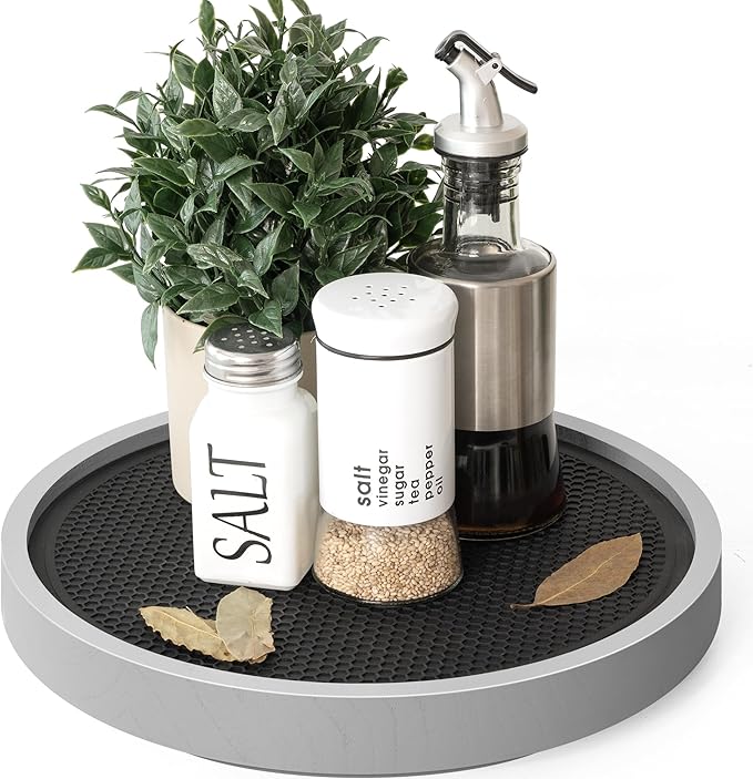 EOSAHR Farmhouse Non-Skid Wooden Lazy Susan for Countertop – 10.5" Lazy Susan Organizer as Spice Rack & Bathroom Counter Organizer with Rubber Mat - Perfect for Kitchen Counter Tray (Gray)