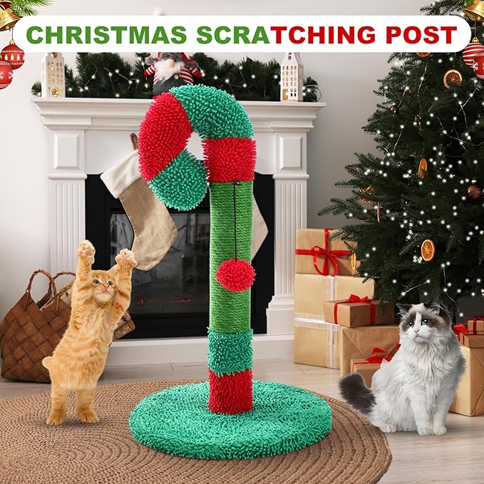 Christmas Cat Scratching Post 21.6" Candy Cane Holiday Scratch Post Small Natural Sisal Cat Scratcher for Indoor Cats and Kittens