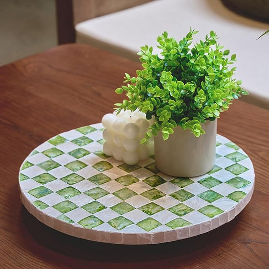 12" Checkered Lazy Susan for Tabletop, Handcrafted Mother of Pearl Turntable Organizer for Kitchen Counter, Coffee Table, Bathroom, Dining or Organizing (Pistachio Green)