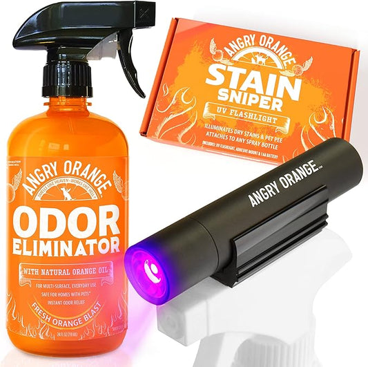 ANGRY ORANGE Pet Odor Eliminator Kit for Dog/Cat Urine - Citrus - 24 oz + UV Flashlight