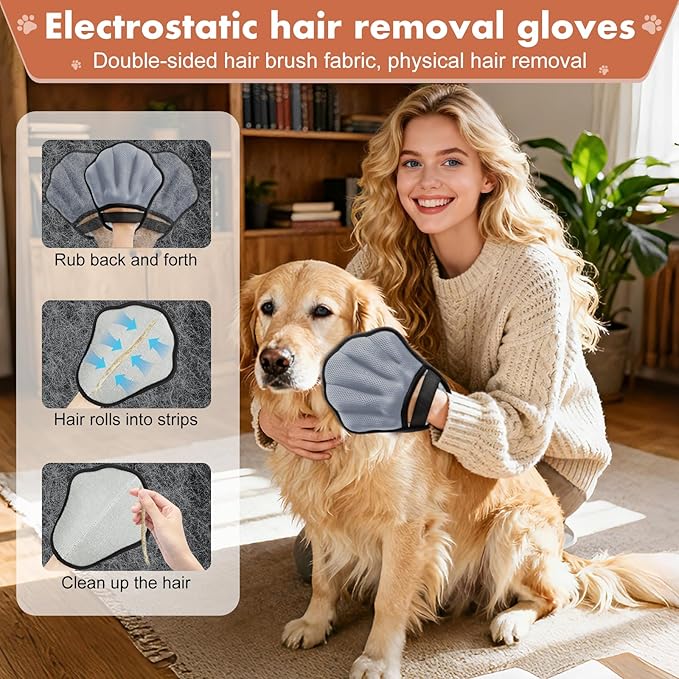 Pet Hair Removal Glove, Electrostatic Pet Hair Remover Glove for Cats & Dogs, Hair Remover Tools for Couch, Carpet, Clothing, Car Seat - Upgraded Five-Finger, Reusable, Grey+Grey