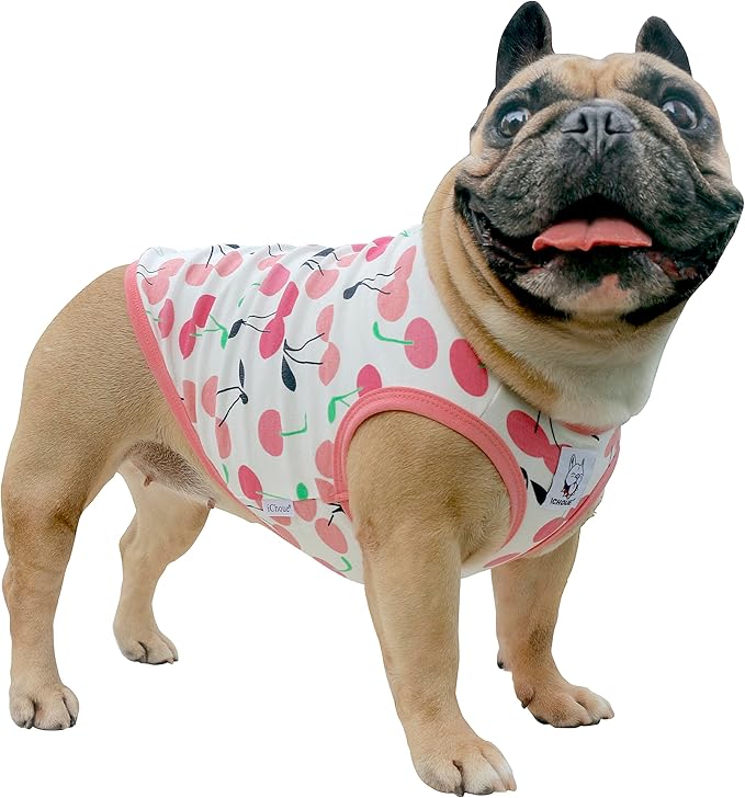 iChoue 100% Breathable Cotton English Bulldog Halloween Cartoon T Shirts Cute Clothes for Medium Large Dogs Vest Tank Tops Terrier Pitbull Cherry - XLarge