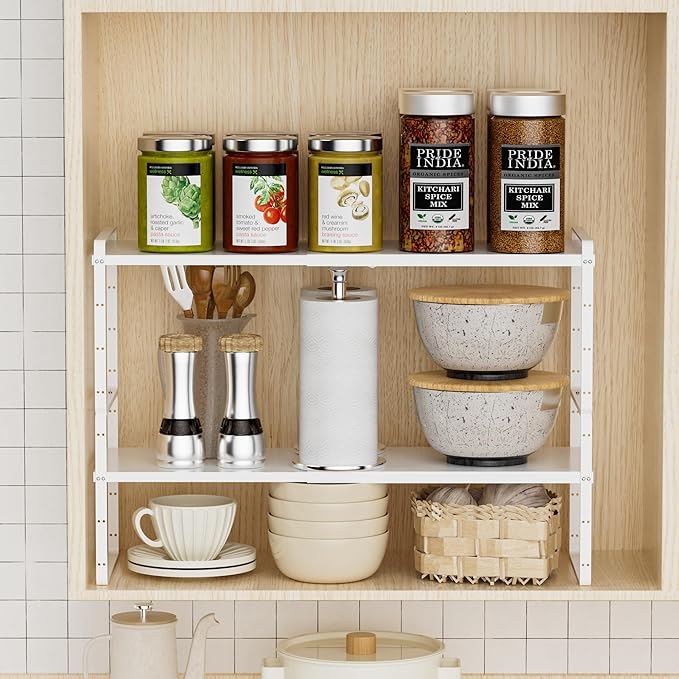 Cabinet Organizer Shelf,Expandable Cabinet Space Rack,Stackable Shelves Adjustable Storage Shelf,Riser for Kitchen Pantry Office,10.24" D,White