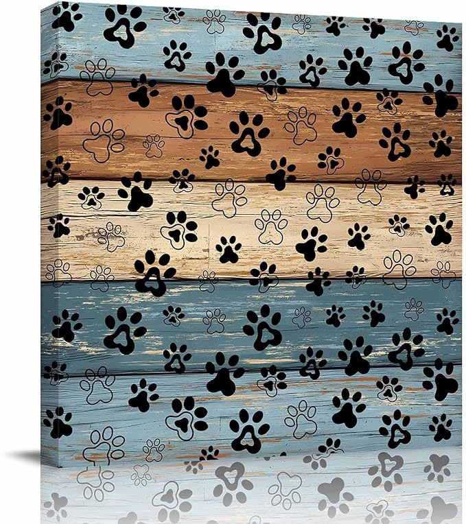 Framed Canvas Wall Art for Living Room Dog Paw Print Wall Decor, Retro Brown Mist Blue Wood Grain Aesthetic Paintings for Bedroom Office Kitchen Bathroom, Ready to Hang Wall Pictures 24x24 Inch