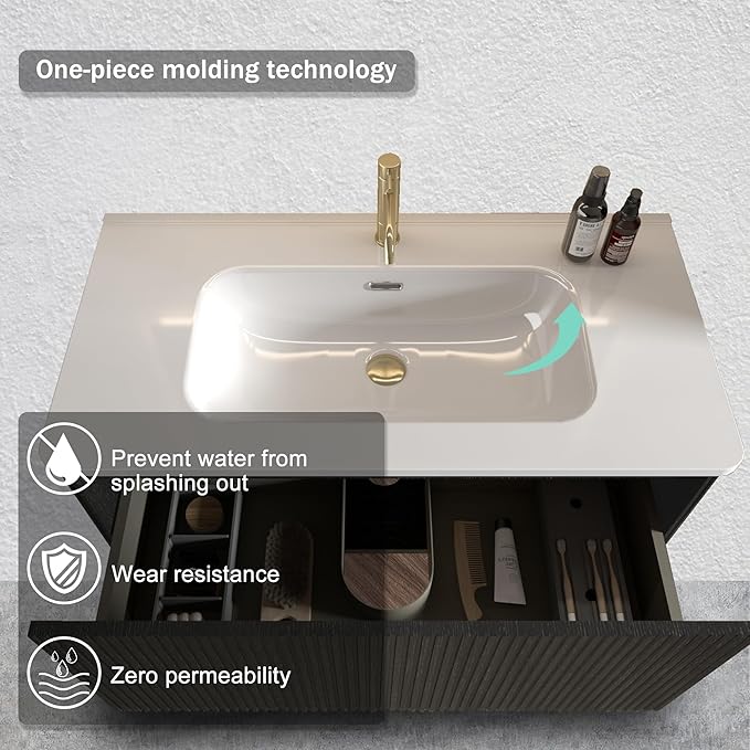 Wall Mounted Floating Bathroom Vanity with Sink Large Storage Modern Design One-Piece Sink Basin Minimalist Cabinet Built-in Overflow for Contemporary Bathrooms