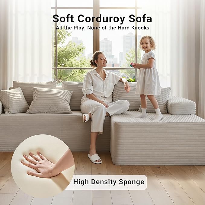 Claiks Boneless Couch, Cloud Couch Sectional, L-Shape Corduroy Modular Sectional Sofa Deep Seat, Upholstered Couches for Living Room, No Assembly Required, Beige, Right Facing Chaise