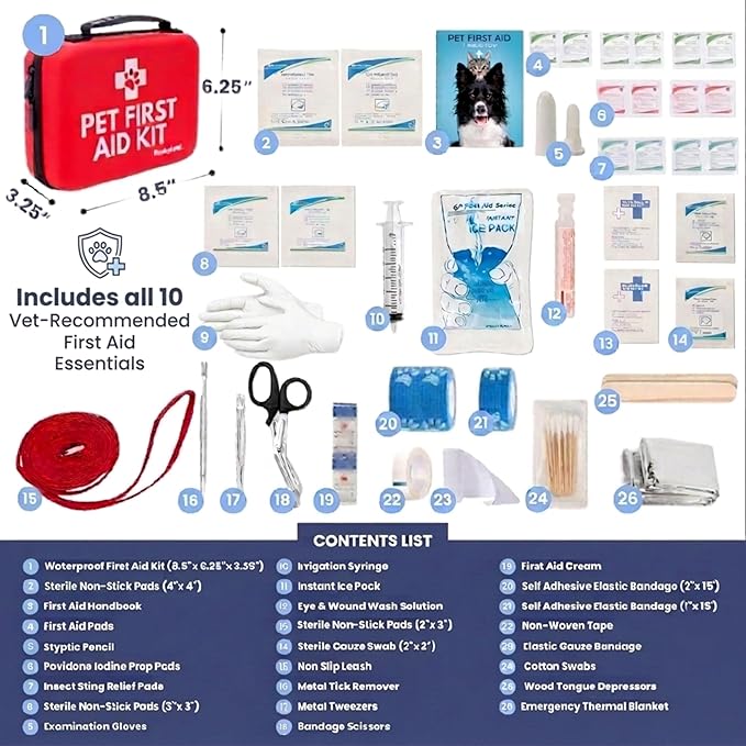 Dog First Aid Kit - Vet Approved Pet First Aid Supplies to Treat Dogs & Cats in an Emergency - Pet First Aid Kit Guide, Tick Remover, Slip Leash & Medical Essentials for Home, Camping, Car, RV, Travel