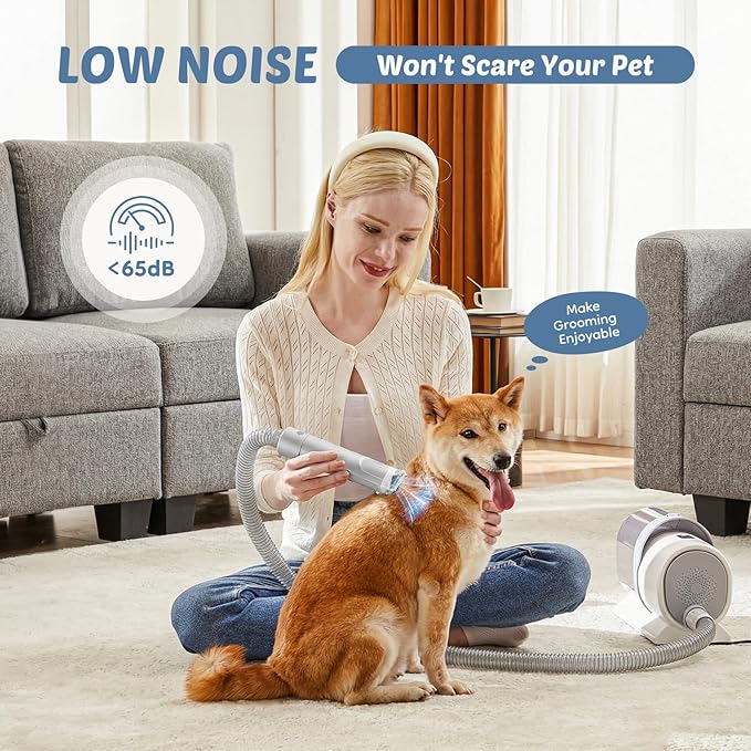 DUMOS 2.5L Pet Grooming Vacuum Kit, 3 Adjustable Suction Modes, 5 Professional Grooming Tools with Cordless Low Noise Dog & Cat Hair Clippers, Classic Gray