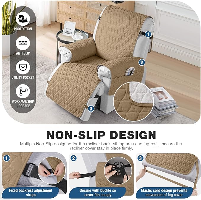TAOCOCO 100% Waterproof Recliner Cover - Recliner Cover with Non-Slip Granule, Recliner Chair Covers with Elastic Band, Recliner Chair Covers for Reclining Chair(Camel, Oversized-30'')