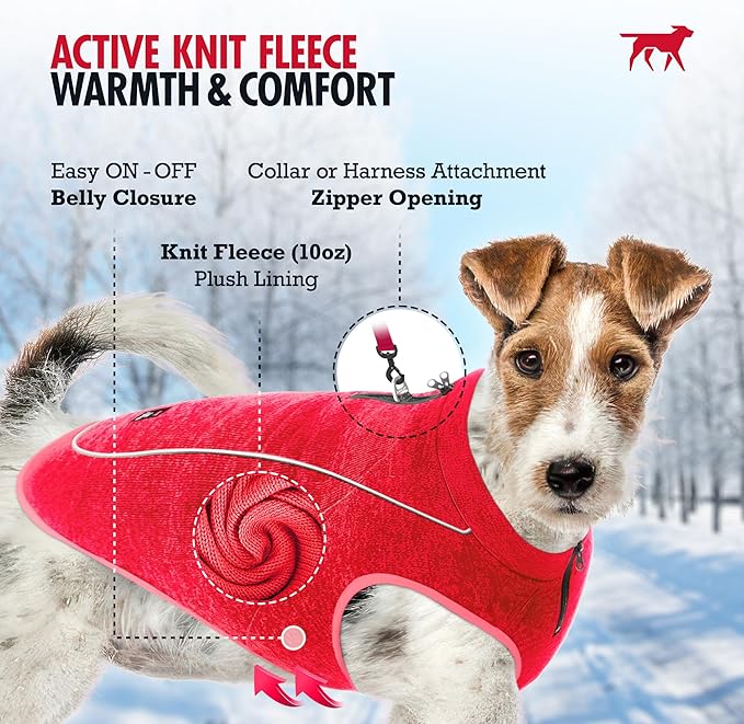 Insulated Fleece Sweater for Dogs | Lightweight Warm Dog Vest | Zipper Port for Harness | Cold Weather Winter Jacket | Rain Snow Repellant Coat | Adjustable for Small Medium Large Girl Dogs (Red/L)