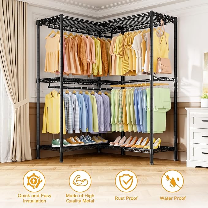 E15 Garment Rack L Shaped Clothes Rack for Corner，Freestanding Clothing Racks for Hanging Clothes，Heavy Duty Closet Organizer with 4 Hanging Rods & 8 S Hooks，43.3" W x 29.4" D x 78.4" H，Black