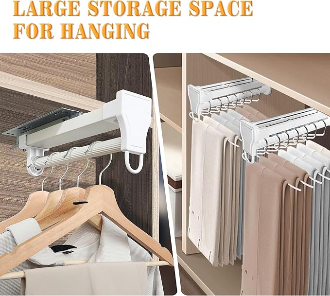Alise 12 Inch Pull Out Clothes Hanger Rack for Closet,Heavy Duty Closet Rod with Automatic Soft-Close Mechanism for Closets,Closet Pull Out Metal Rod Organizer Hangers for Coats Pants Hangers,White