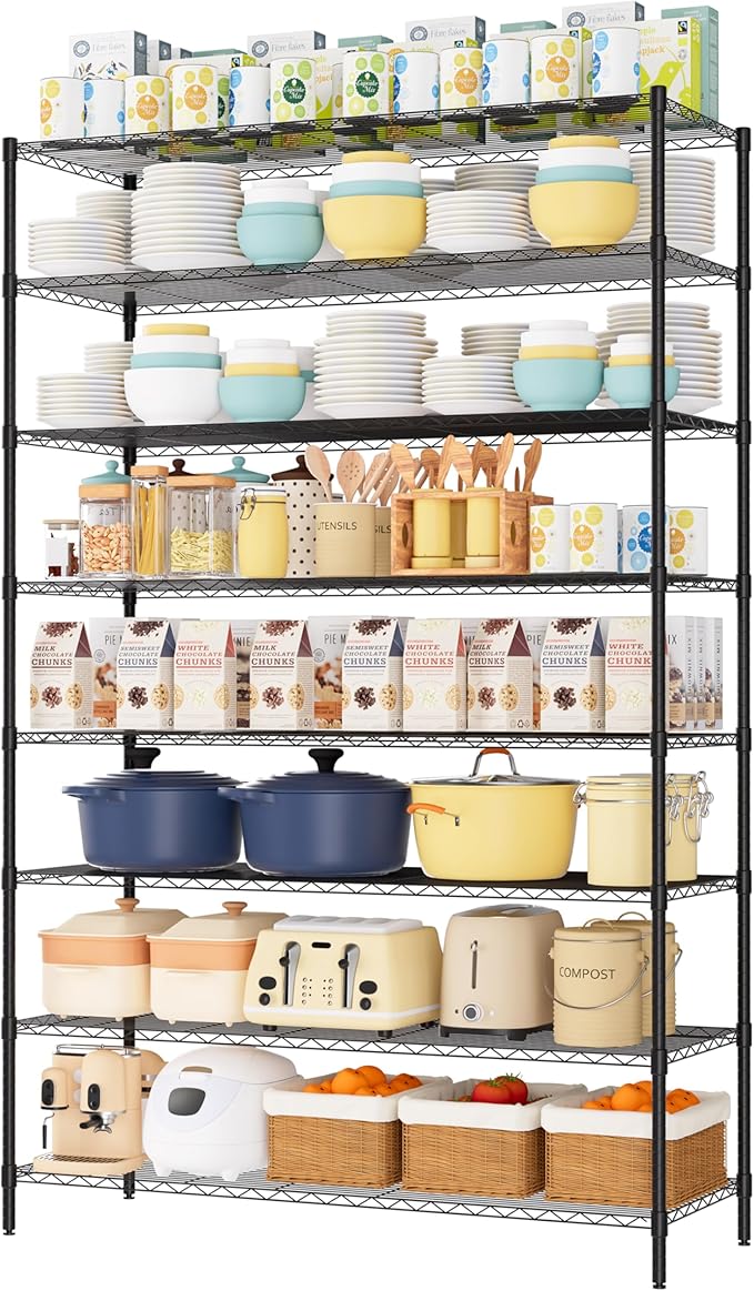 Finnhomy 4000LBS 8-Tier Wire Shelving Unit Adjustable Steel Wire Rack, 18x48x80.2 Inches 8 Shelves Metal Rack, Pantry Shelves for Storage, Metal Garage Shelving with 1" Poles, NSF Certified, Black