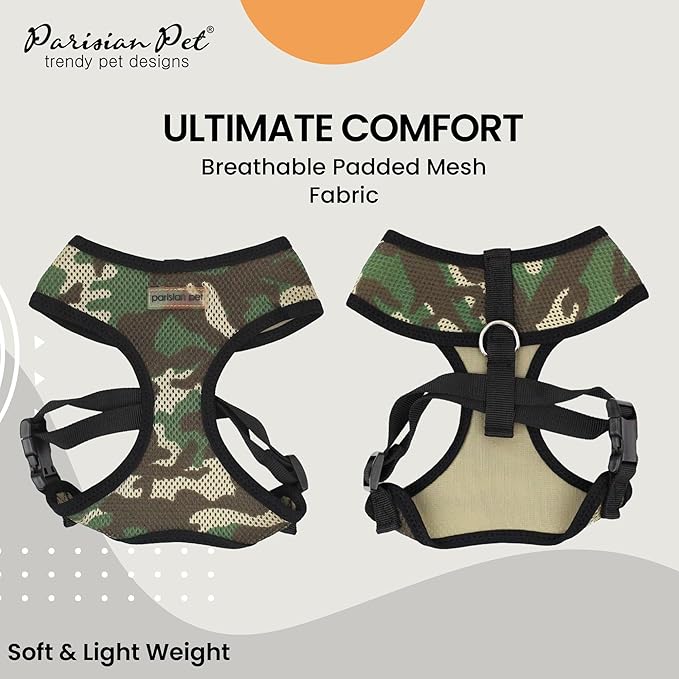 Parisian Pet Dog Harness - Adjustable Freedom Harness - Green Camo Dog Vest Harness - 100% Mesh Fabric Cooling Dog Harness - Idle for Outdoor Adventures - Dog Harness Medium Sized Dog - M