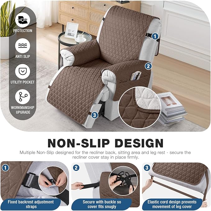 TAOCOCO 100% Waterproof Recliner Cover - Recliner Cover with Non-Slip Granule, Recliner Chair Covers with Elastic Band, Recliner Chair Covers for Reclining Chair(Brown, Small-22'')
