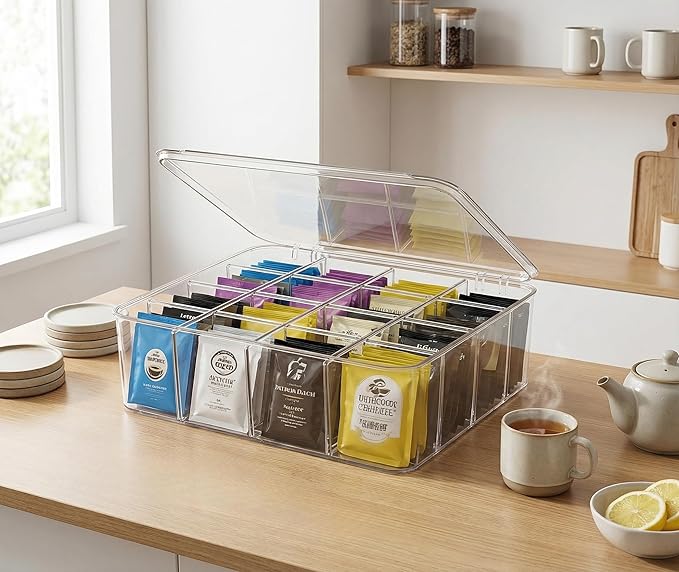 Tea Bags Organizer: Extra Large Tea Bag Holder Organizer with Lid, Acrylic Drink Packets Storage for Cabinet, Counter, Countertop, Drink Packets Caddy for 16 Different Types