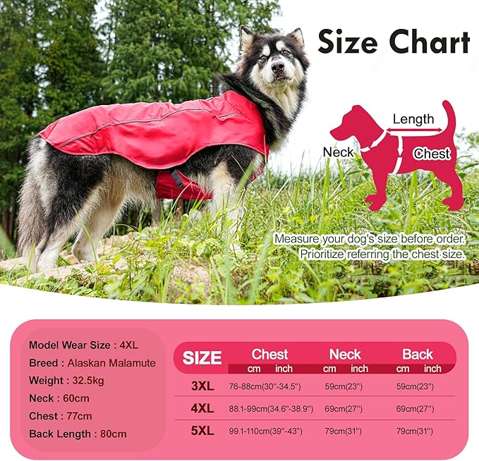 Outdoor Waterproof Dog Jacket for Large Dogs,Doggie Coats with Harness Buitl in D-Ring Warm Fleece Dog Clothes for Cold Winter,Red 3XL