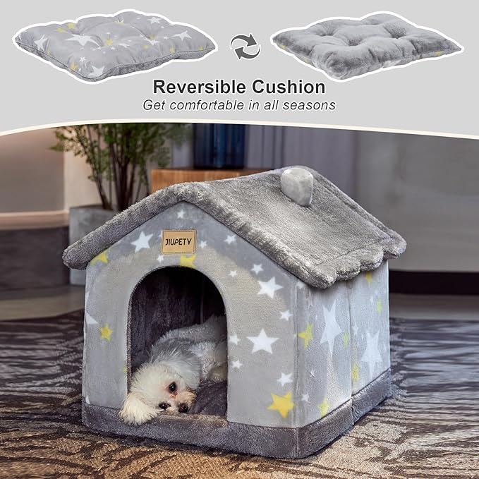 JIUPETY Cute Indoor Dog Houses, Dog Bed with Cover Cave, M Size for 6-11 Lb Dogs and 9-17 Lb Cats, Igloo Pet House with Non-Slip Bottom, Grey