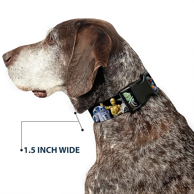Star Wars Pet Collar, Dog Collar Plastic Buckle, Star Wars Classic Character Poses Black, 20 to 31 Inches 1.5 Inch Wide