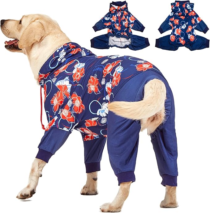 LovinPet Big Dogs Breeds Jammies, Wound Care/Post Surgery Clothes, Pet Anxiety Onesies for Dogs, Lightweight Stretchy, Large Breed Dog Pajamas, Reflective Stripe, Floral Navy & Red Print, Pet PJ's/XL