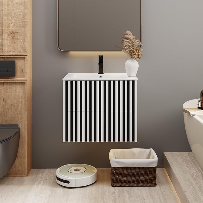 eclife 24" Floating Bathroom Vanity with Sink Combo, Modern Wall Mounted Cabinet with 2 Fluted Drawers, Undermount Sink, Faucet, Drain, Mixed White