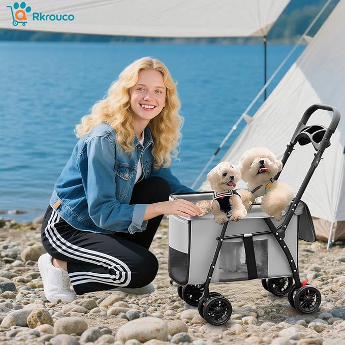 Foldable Pet Stroller for Small Medium Cat Dogs Portable Pets Carriers Strollers with 4 Wheels Up to 55Lbs Puppy Strolling Cart Travel (Gray)