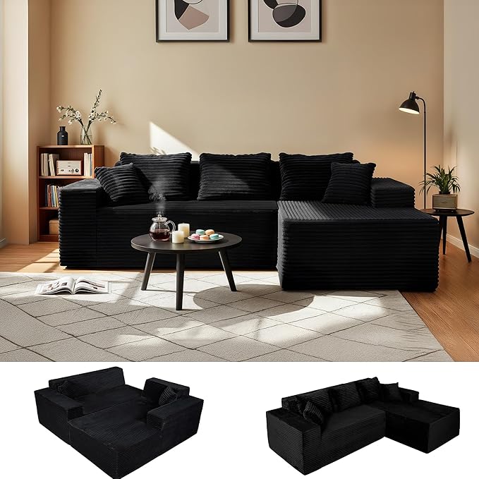 Claiks 104" Boneless Couch, Cloud Couch Sectional, L-Shape Corduroy Modular Sectional Sofa Deep Seat, Upholstered Couches for Living Room, No Assembly Required, Black, Right Facing Chaise