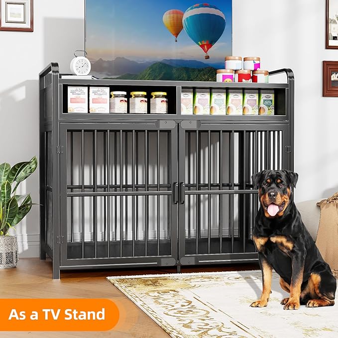 Large Dog Crate Furniture with Drawers Storage, Puppy Dog Kennel Indoor with Double Doors, Heavy Duty Wooden Dog Cage Table, Sturdy Metal, Black