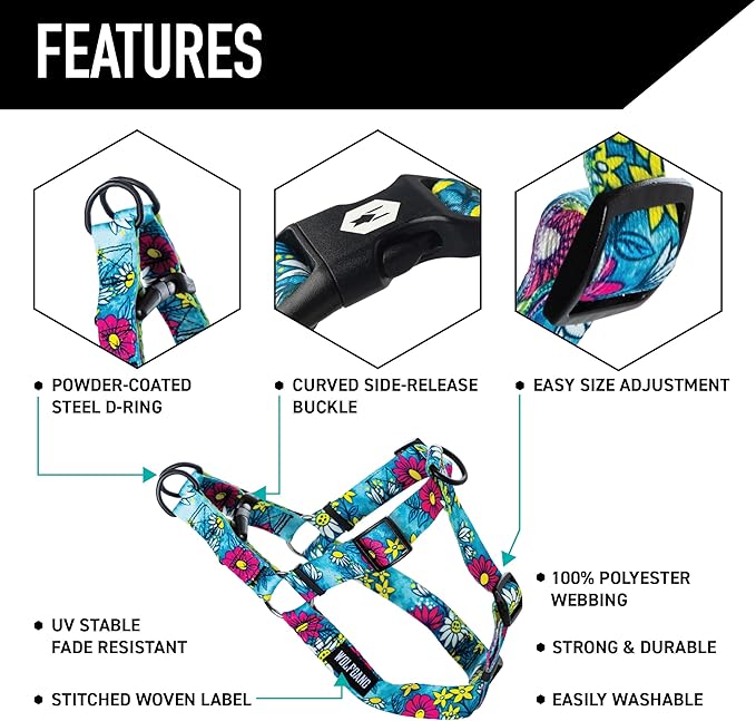 Wolfgang Heavy Duty Adjustable Dog Harness, Pull-Tested to Over 800 lbs for Walking & Training, LazyDaisy Print, Medium